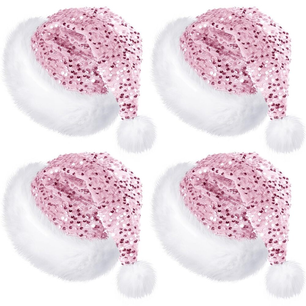 6482 4 Pcs Santa Hats Shiny Sequin Christmas Hat with Plush Brim Thicken